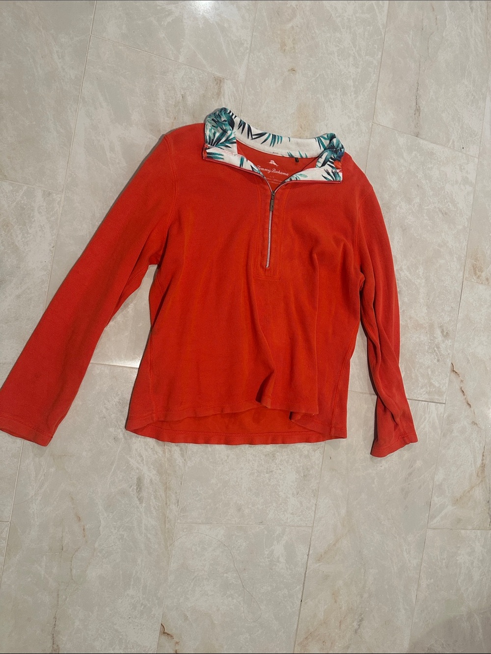 Tommy Bahama Bright Coral Zip-Up with Tropical Print Collar